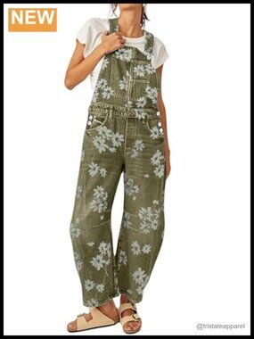 Womens Floral Denim Bib Overalls Barrel Wide Leg Y2k Jumpsuit